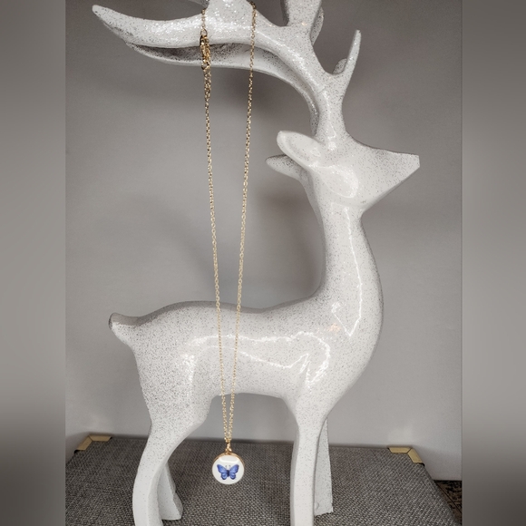 Gold Tone Blue Butterfly Pendant Necklace - Picture 2 of 3